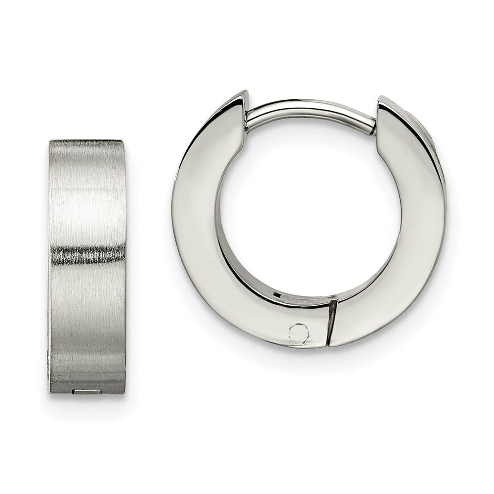 Stainless Steel Brushed Polished Hinged Round Hoop Earrings, 4 x 14mm