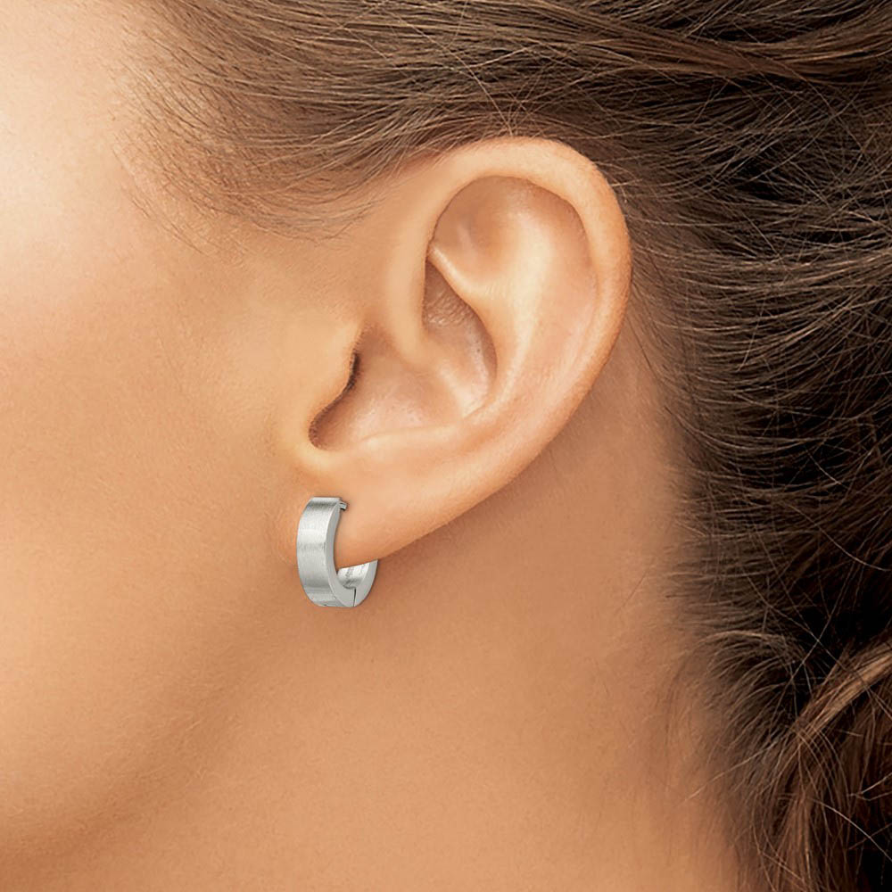 Stainless Steel Brushed Polished Hinged Round Hoop Earrings, 4 x 14mm
