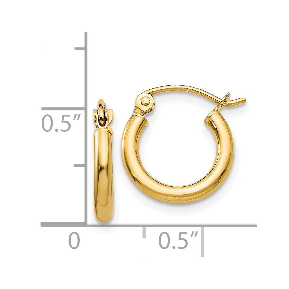 2mm x 12mm 14k Yellow Gold Classic Round Hoop Earrings