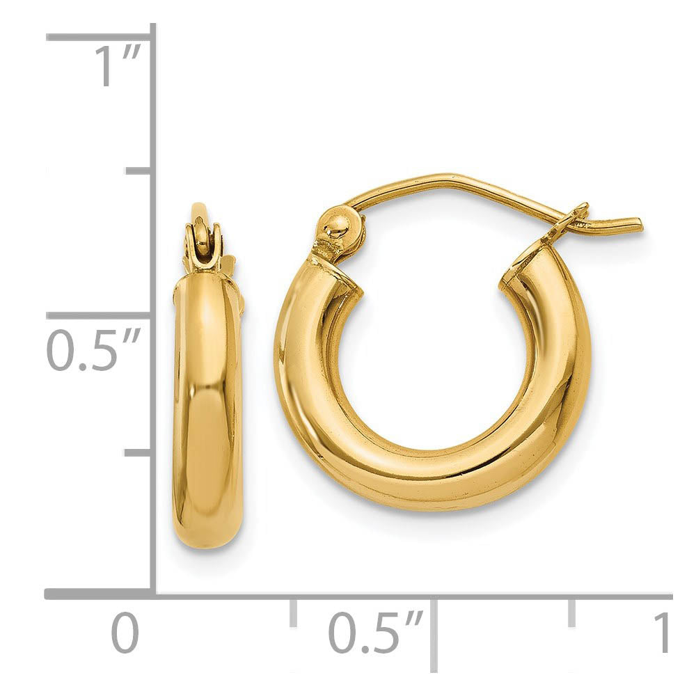 3mm x 13mm 14k Yellow Gold Classic Round Hoop Earrings