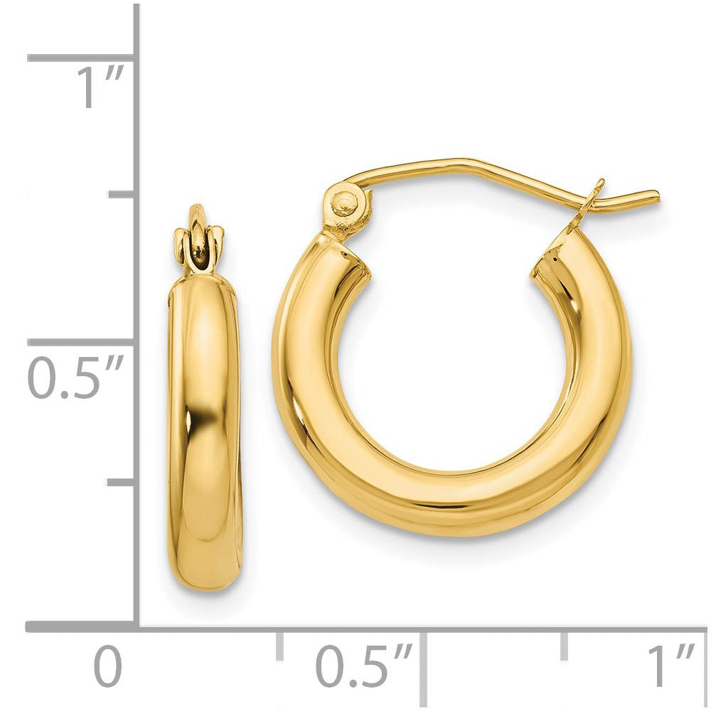 3mm x 15mm 14k Yellow Gold Classic Round Hoop Earrings