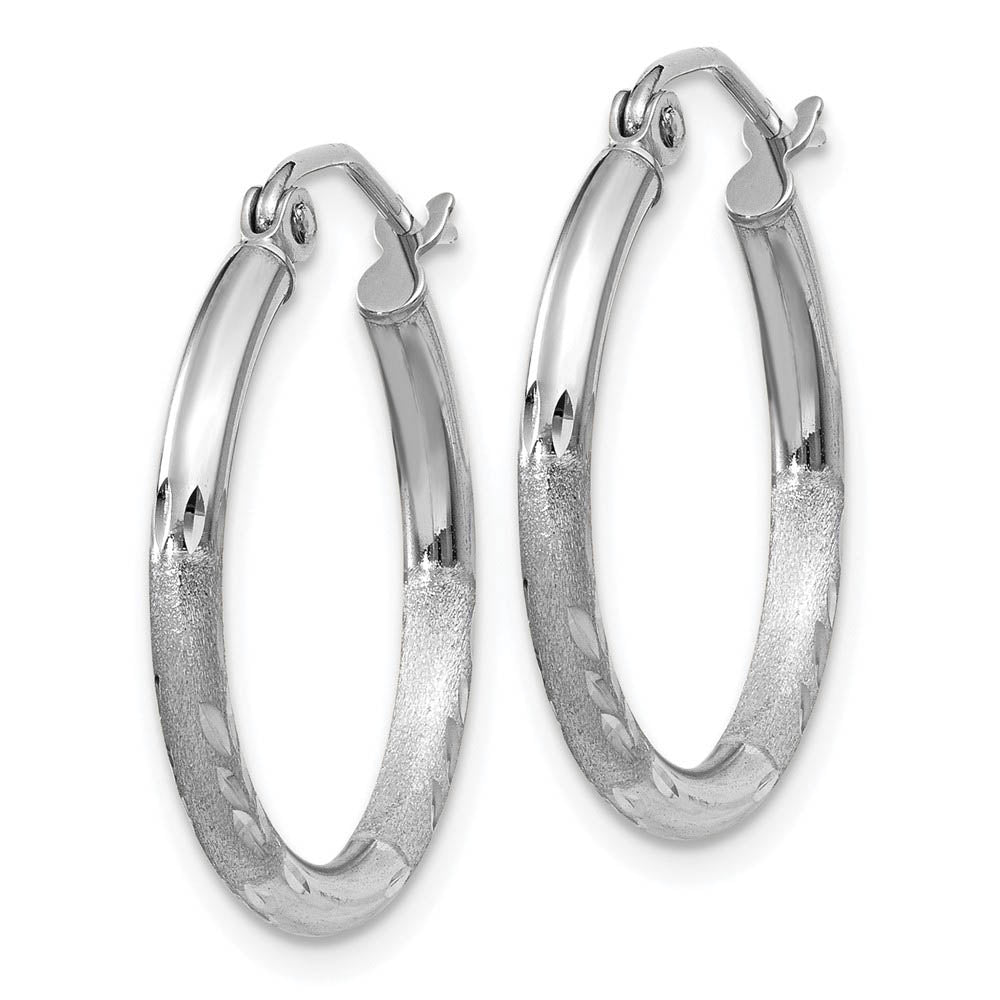 2mm x 20mm 14k White Gold Satin & Diamond-Cut Round Hoop Earrings