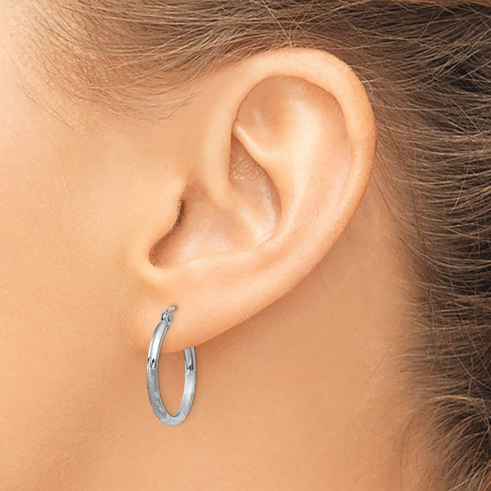 2mm x 20mm 14k White Gold Satin & Diamond-Cut Round Hoop Earrings