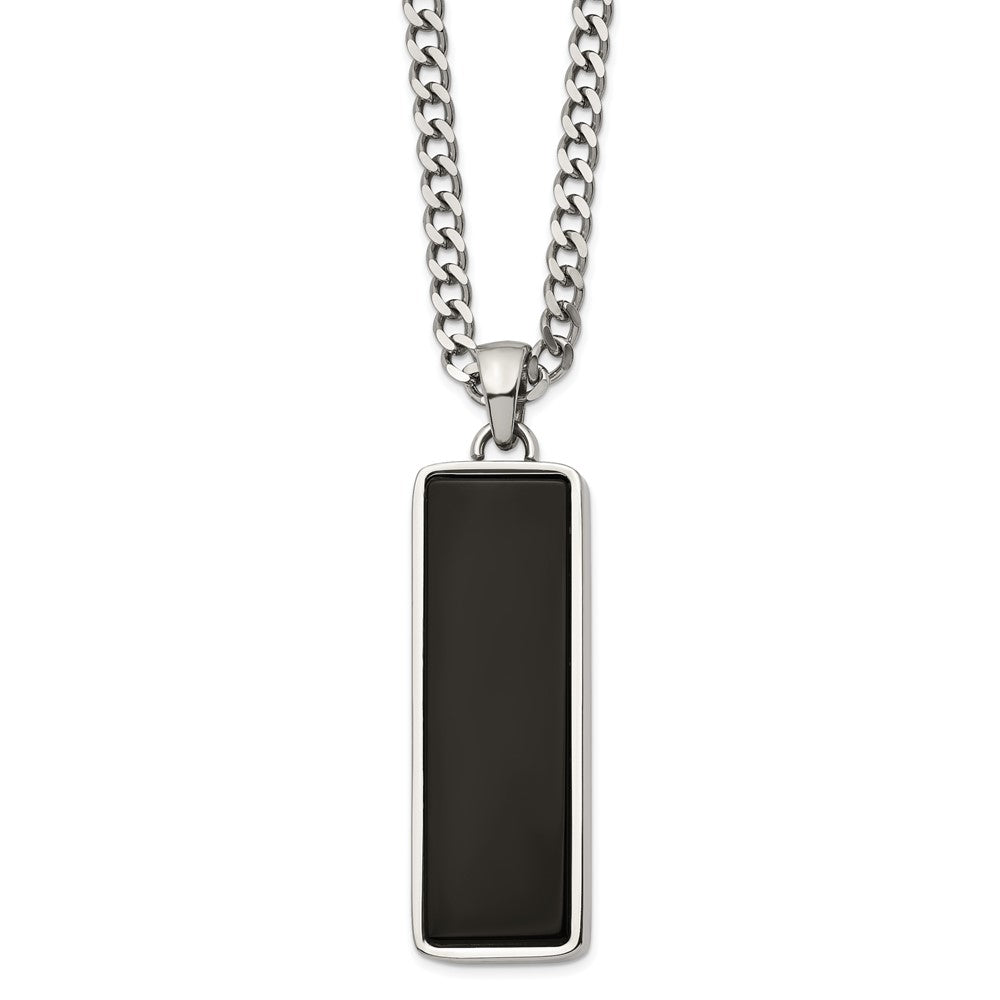 Men's Stainless Steel & Black Onyx Inlay Rectangle Necklace, 22 Inch