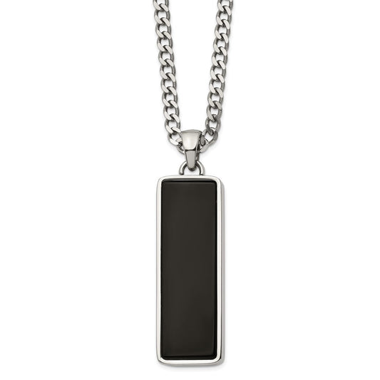 Men's Stainless Steel & Black Onyx Inlay Rectangle Necklace, 22 Inch