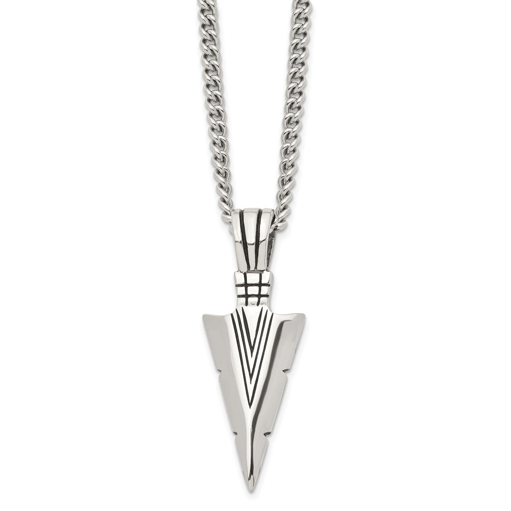 Men's Stainless Steel Large Antiqued Arrowhead Necklace, 22 Inch
