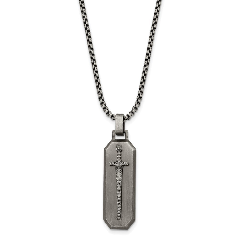 Stainless Steel Antiqued Brushed Mounted Sword Necklace, 24 Inch