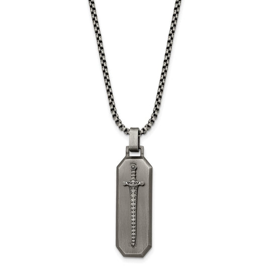Stainless Steel Antiqued Brushed Mounted Sword Necklace, 24 Inch