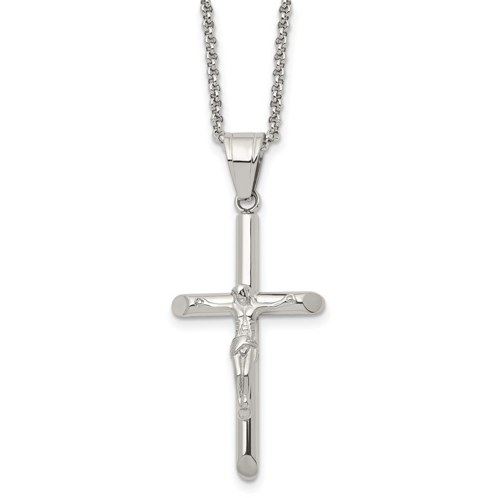 Stainless Steel Polished Crucifix Cross Necklace, 22 Inch