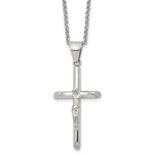 Stainless Steel Polished Crucifix Cross Necklace, 22 Inch