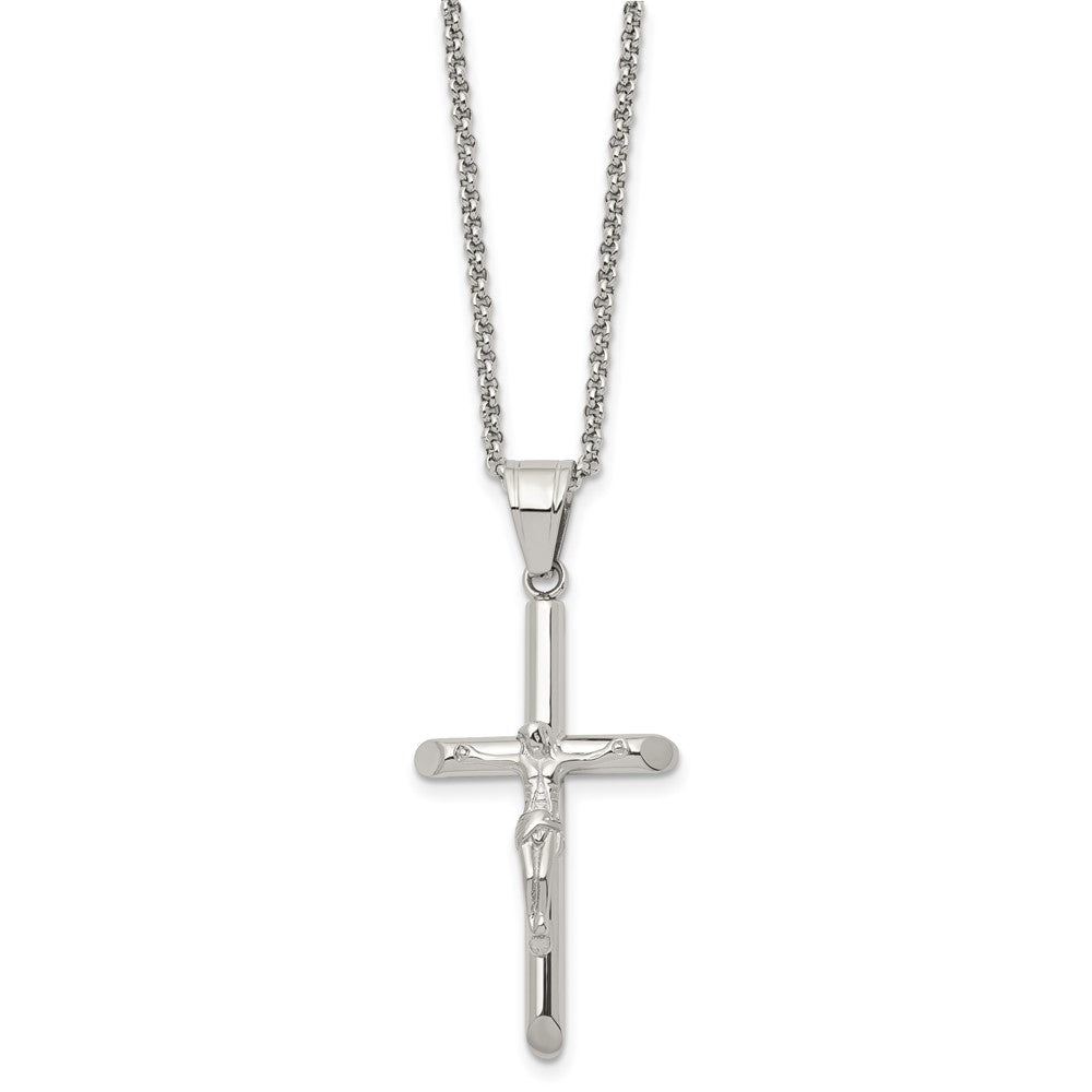 Stainless Steel Polished Crucifix Cross Necklace, 22 Inch