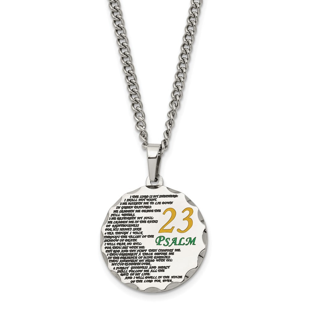 Stainless Steel Acid Etched Psalm 23 Disc Necklace, 24 Inch
