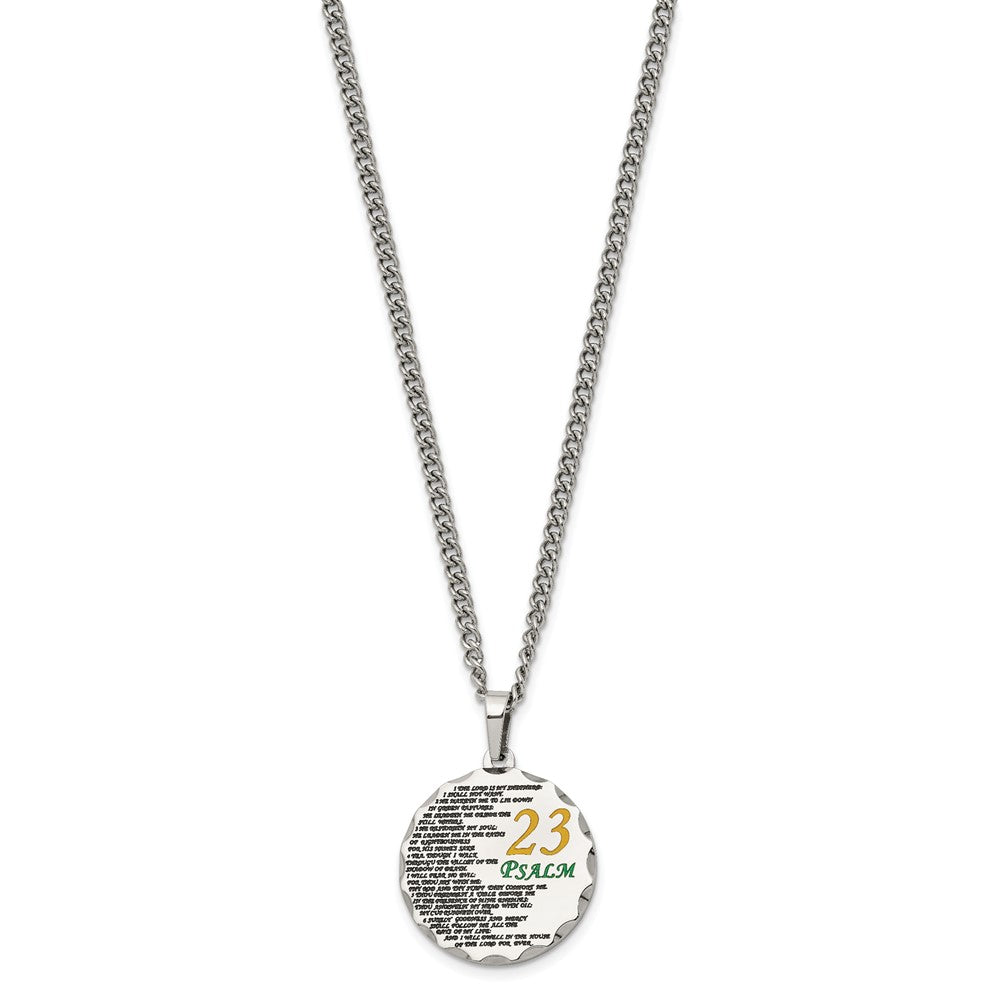 Stainless Steel Acid Etched Psalm 23 Disc Necklace, 24 Inch