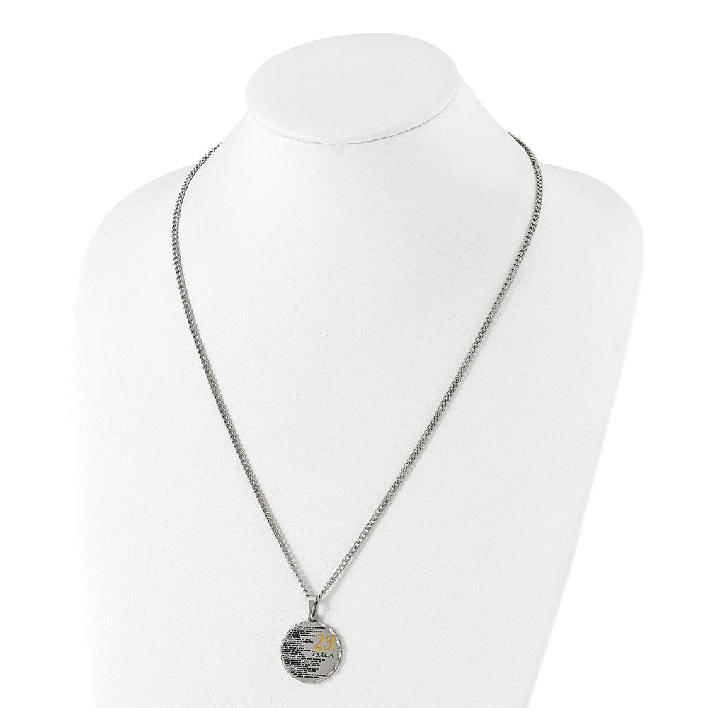 Stainless Steel Acid Etched Psalm 23 Disc Necklace, 24 Inch
