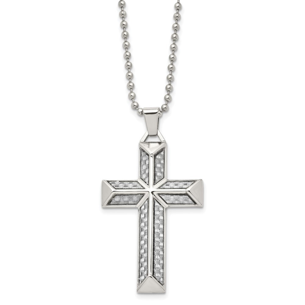 Mens Stainless Steel Gray Carbon Fiber Pyramid Cross Necklace, 24 Inch