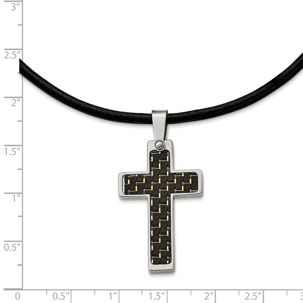 Stainless Steel and Black Carbon Fiber Cross and Leather Cord Necklace