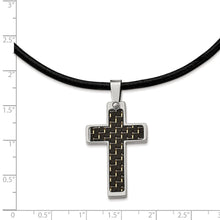 Stainless Steel and Black Carbon Fiber Cross and Leather Cord Necklace