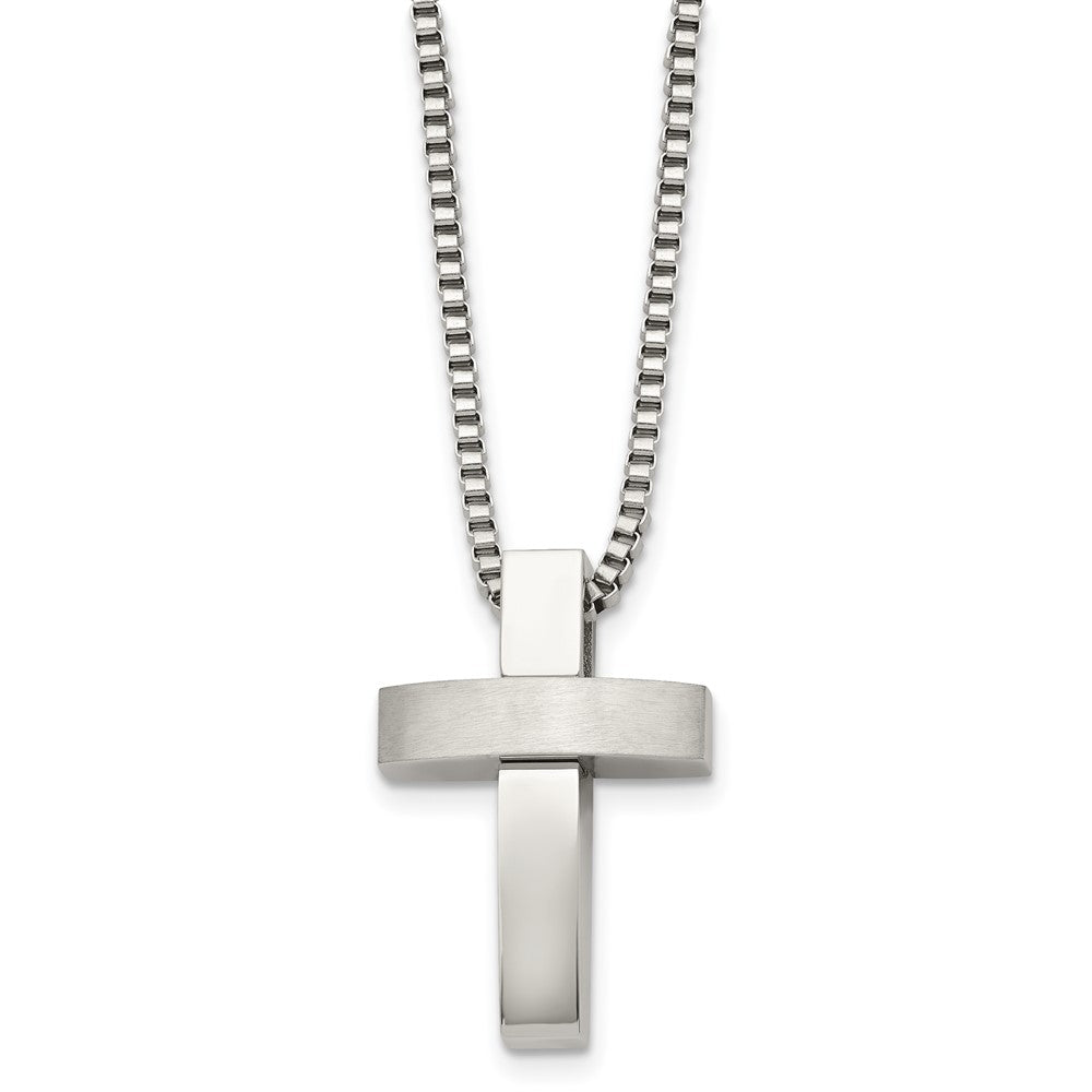 Stainless Steel Brushed and Polished Cross Necklace - 22 Inch