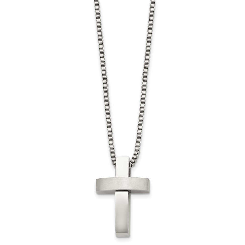 Stainless Steel Brushed and Polished Cross Necklace - 22 Inch