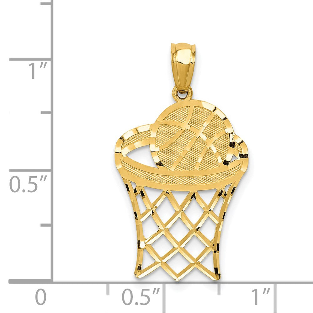 14k Yellow Gold Diamond Cut Basketball Hoop and Ball Pendant