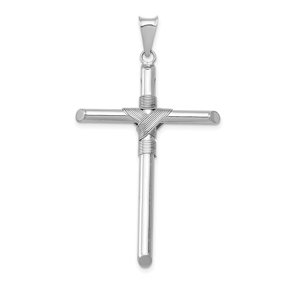 14k White Gold Hollow Tube Rope Cross Pendant