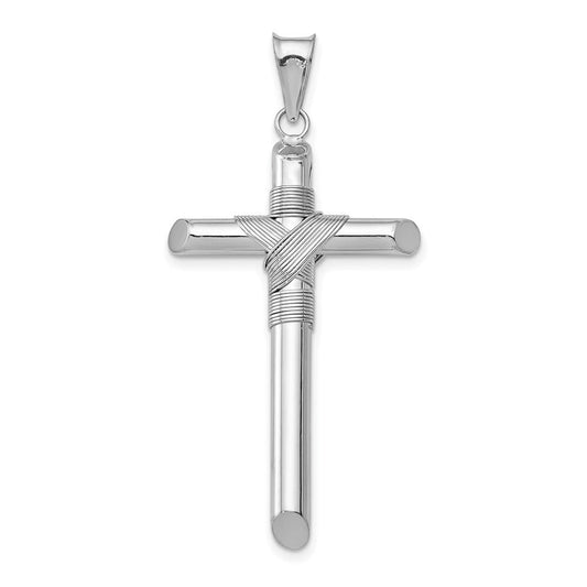 Men's 14k White Gold Hollow Tube Rope Cross Pendant