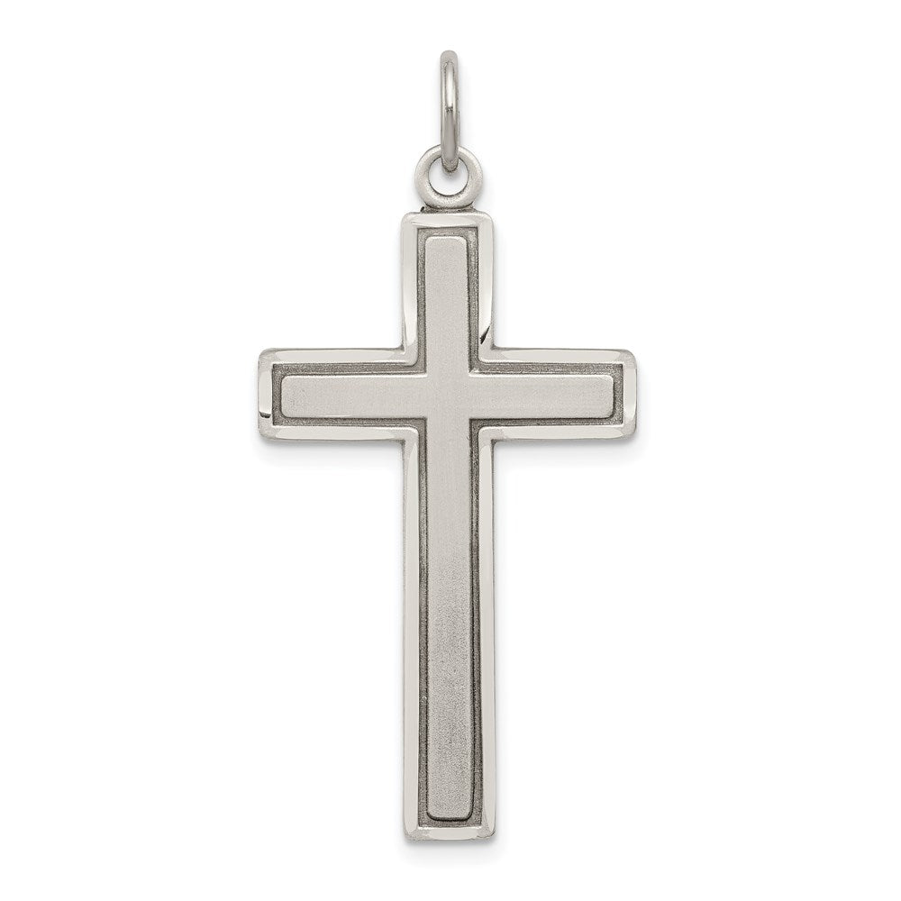 Sterling Silver Antiqued & Satin Solid Bordered Cross Pendant, 19x42mm