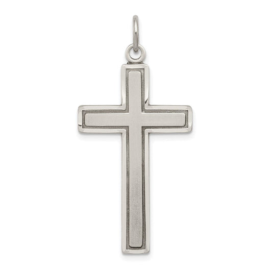 Sterling Silver Antiqued & Satin Solid Bordered Cross Pendant, 19x42mm