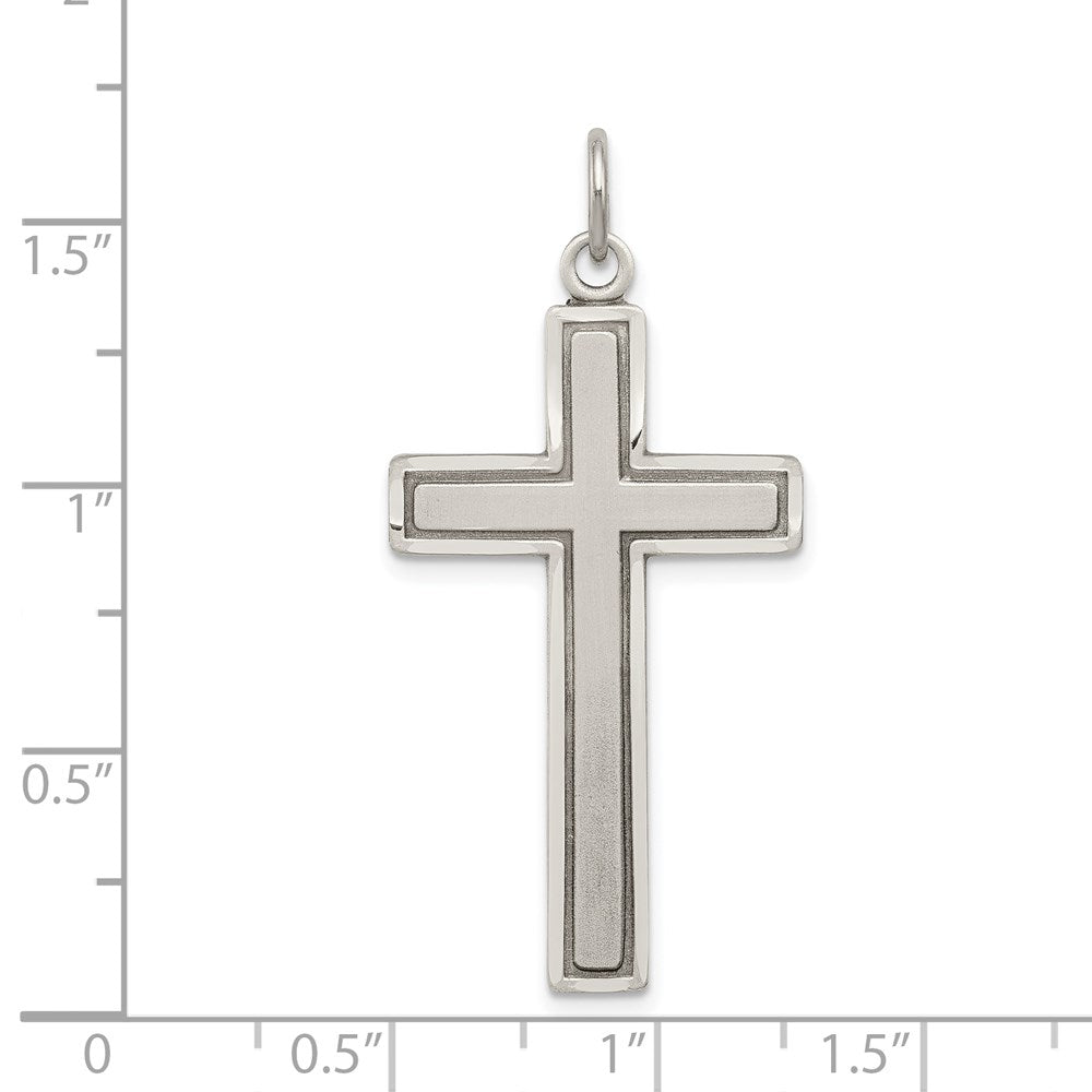 Sterling Silver Antiqued & Satin Solid Bordered Cross Pendant, 19x42mm