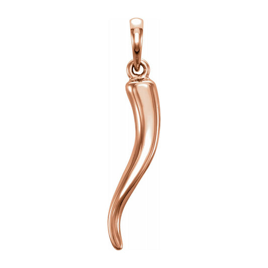 14K Yellow, White or Rose Gold Solid 3D Italian Horn Pendant, 6 x 32mm