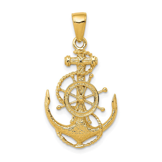 14k Yellow Gold Medium Anchor, Ship's Wheel and Rope Pendant