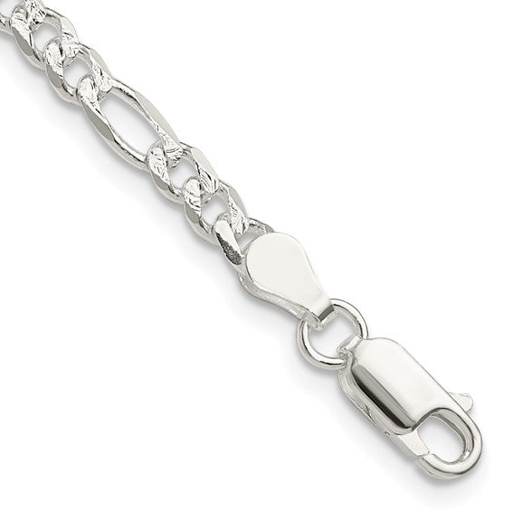4mm, Sterling Silver, Pave Flat Figaro Chain Necklace